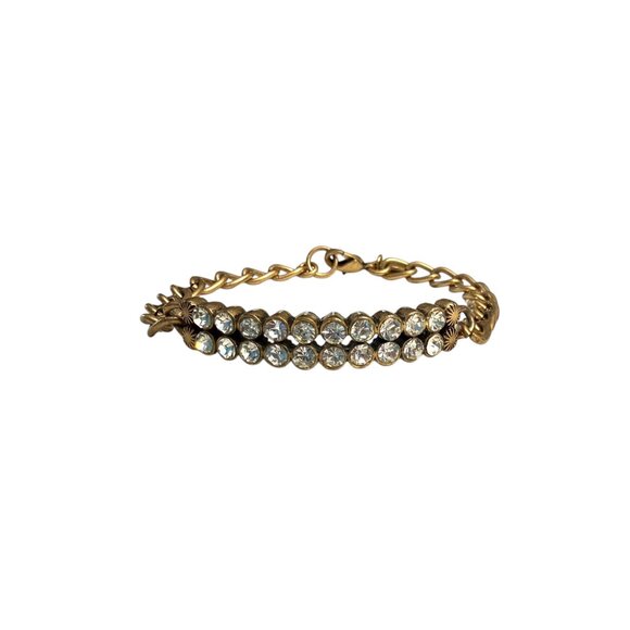 J Crew Gold-Tone Chain Bracelet With Double Row Clear Rhinestones Lobster Clasp - Picture 12 of 12